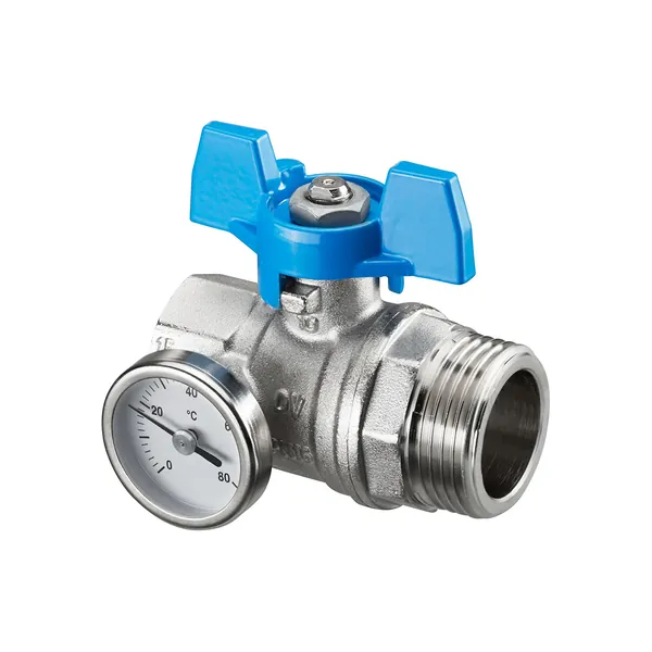 Кран шаровый Oventrop DN 25 G 1 ВР х G 1 НР, плоское уплотнение, с термометром, синий маховик Кран шаровый Oventrop DN 25 G 1 ВР х G 1 НР, плоское уплотнение, с термометром, синий маховик