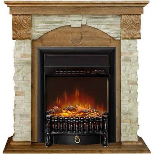 Каминокомплект Dublin (Разборный) - Дуб коньяк / Камень Онтарио с очагом Fobos FX M Black RC