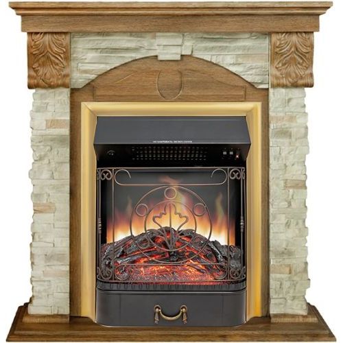Каминокомплект Dublin (Разборный) - Дуб коньяк / Камень Онтарио с очагом Majestic FX Brass