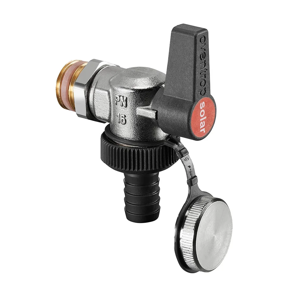 Optiflex KFE ШК угловой, DN 15 PN 16, с колпачком и штуцером для шланга, ник латунь. Для гелиосистем