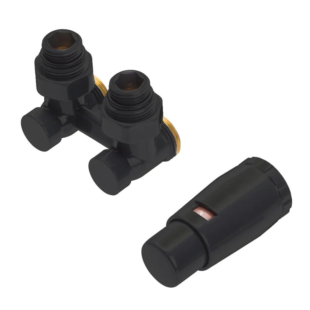 Комплект Schlosser Standard угловой G3/4*3/4 с термоголовкой MINI M30*1,5 + 2 Ниппеля,Ral 9005 matt.
